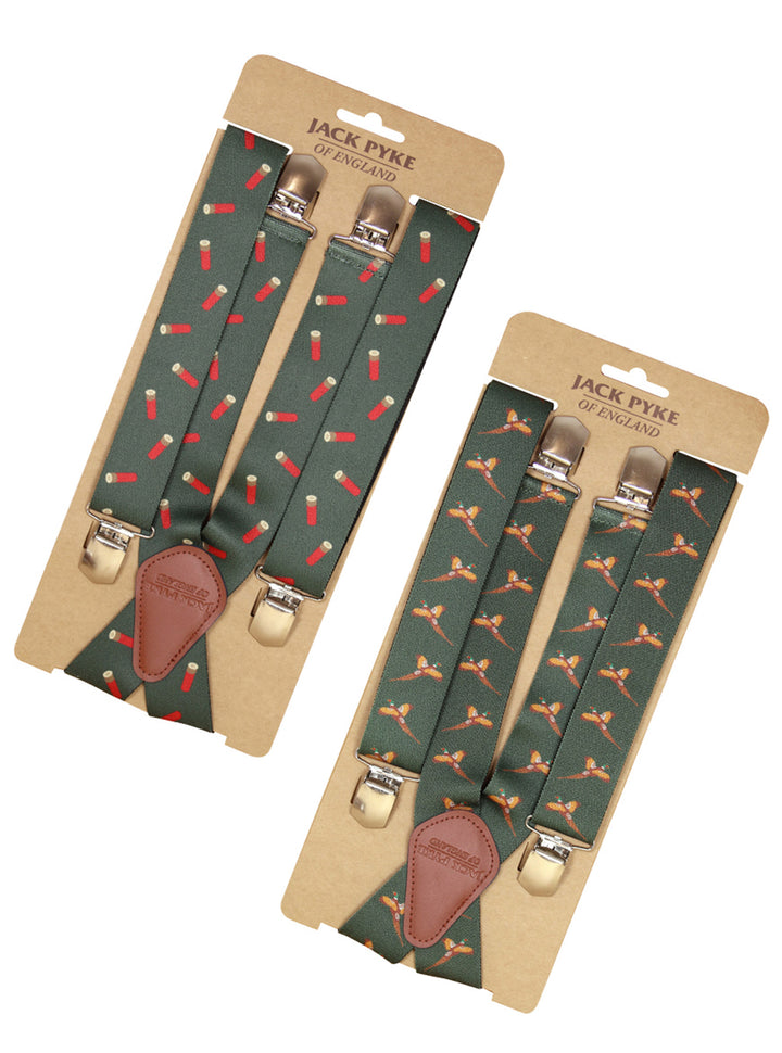 Jack Pyke Elasticated Braces for Men, 4 Strong Clips, Cross-Back Leather Trim, Adjustable 70-115cm, 35mm Wide Suspenders for Hunting, Shooting, Fishing, Field Sports