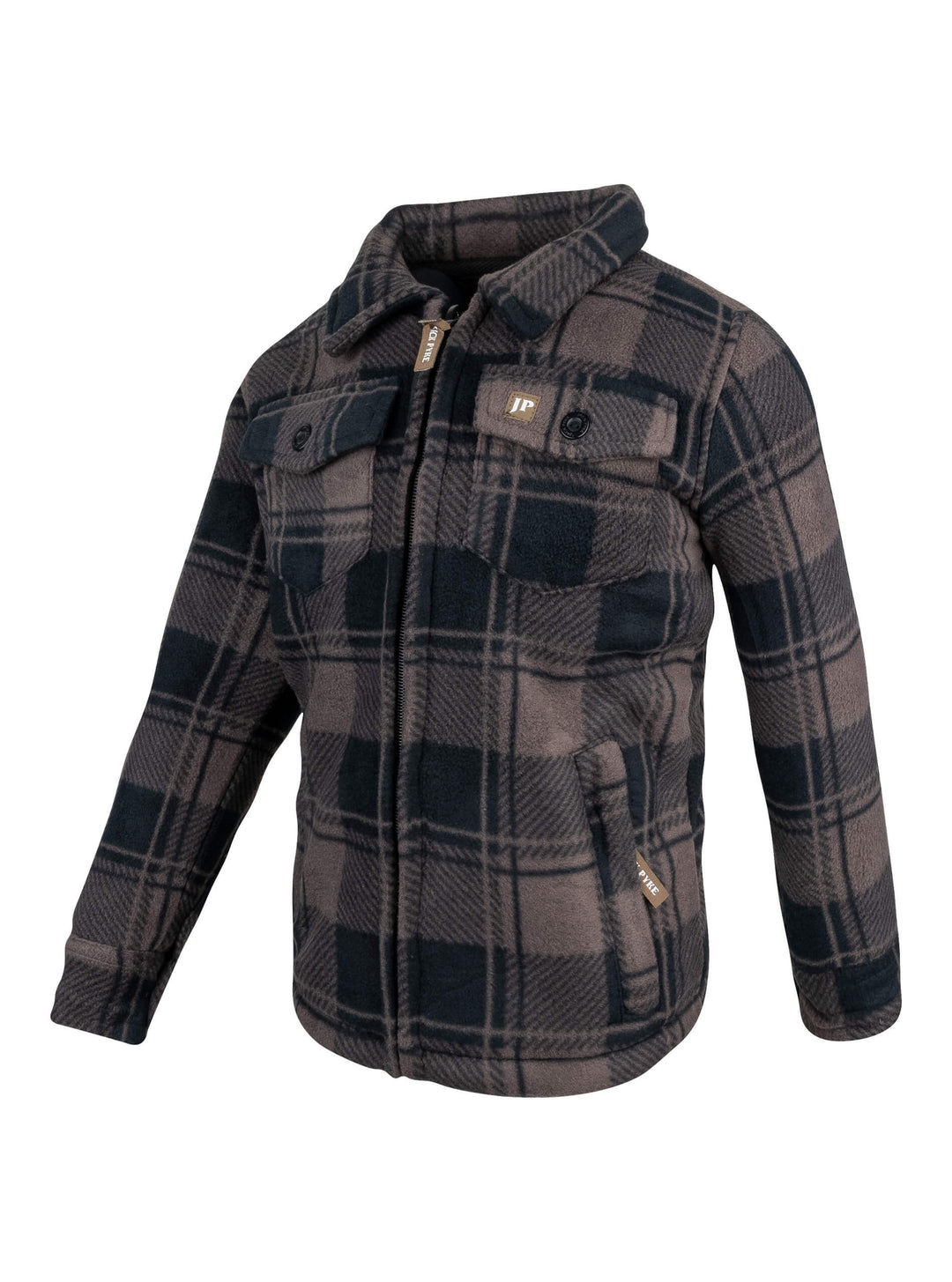 JACK PYKE Junior Tundra Check Shirt – Kids Fleece Lined Outdoor Flannel Overshirt with Zipped and Buttoned Pockets – Boys and Girls Winter Countryside Shooting Shirt, Brown