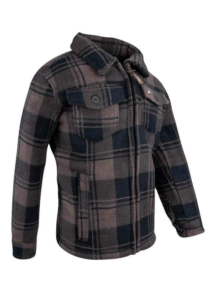 JACK PYKE Junior Tundra Check Shirt – Kids Fleece Lined Outdoor Flannel Overshirt with Zipped and Buttoned Pockets – Boys and Girls Winter Countryside Shooting Shirt, Brown