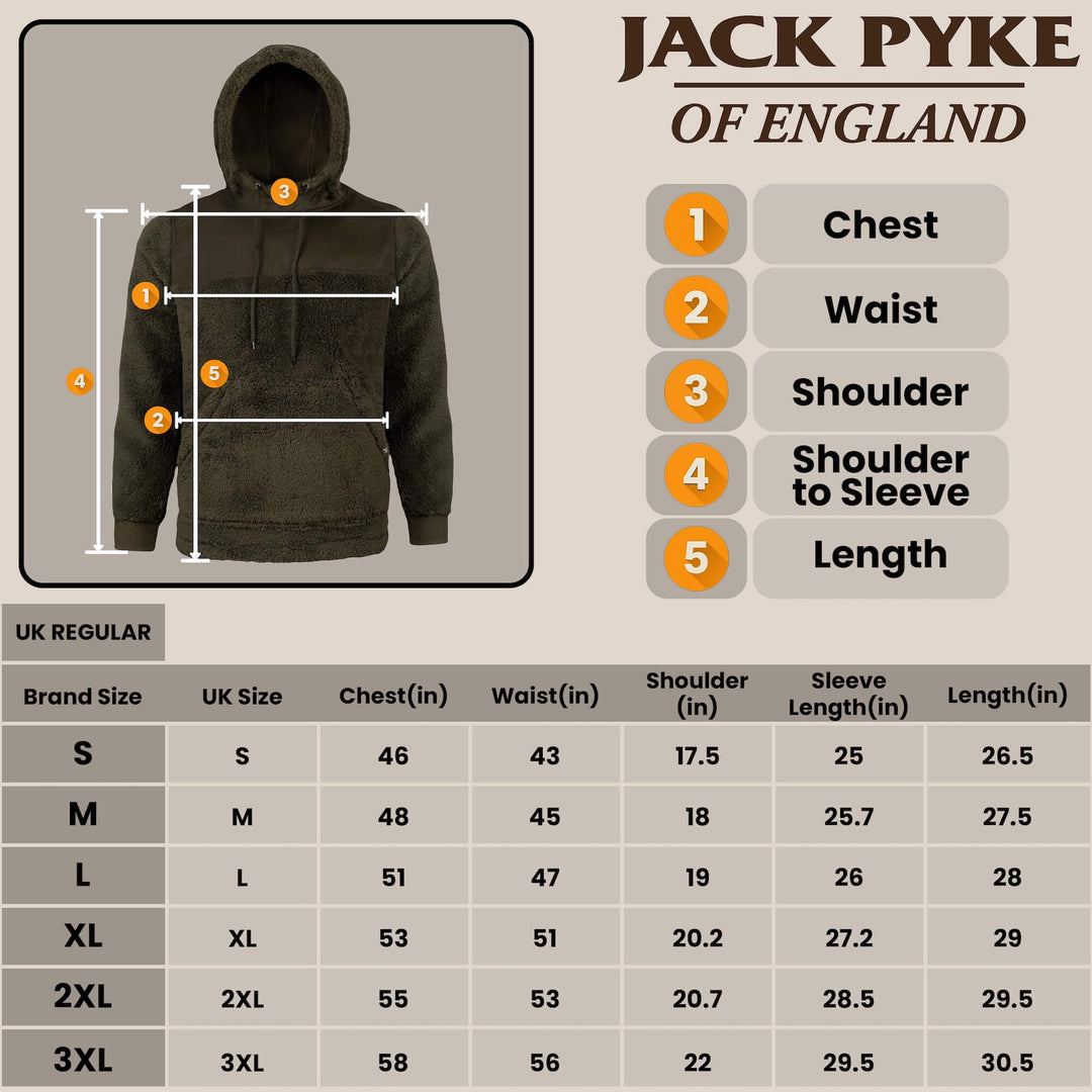 Jack Pyke Men’s Sherpa Fleece Hoodie Gen 2, Long Sleeve Hunting & Hiking Fleece Jacket Mens with Zipped Kangaroo Pockets, Elbow & Shoulder Patches, Drawstring Hood