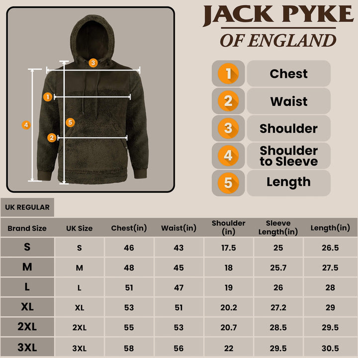 Jack Pyke Men’s Sherpa Fleece Hoodie Gen 2, Long Sleeve Hunting & Hiking Fleece Jacket Mens with Zipped Kangaroo Pockets, Elbow & Shoulder Patches, Drawstring Hood